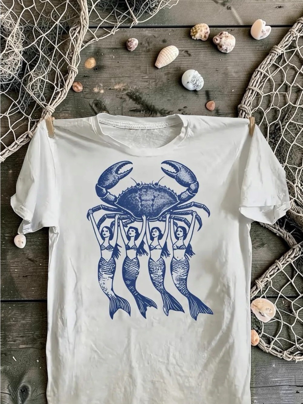 🆕 Four Mermaids Lifting A Large Crab - Vintage Tattoo - Unisex - 100% COTTON